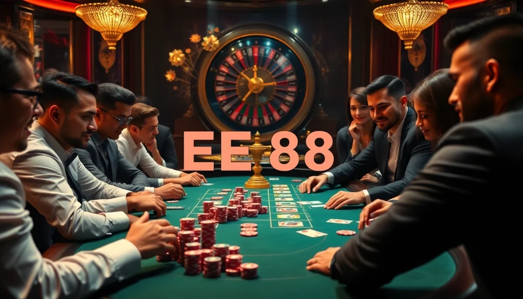 High-stakes poker game scene featuring EE88 branding with vibrant colors and luxurious atmosphere.