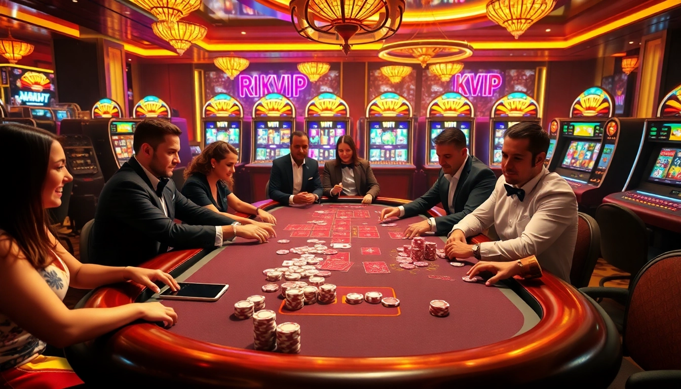 Experience the excitement of RIKVIP with players enjoying high-stakes casino games and vibrant slot machines.