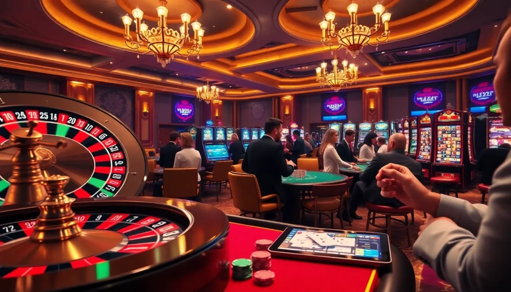 Engaged players at a luxurious casino table emphasizing the online gambling experience at https://thabethome.com/ with colorful chips and roulette.