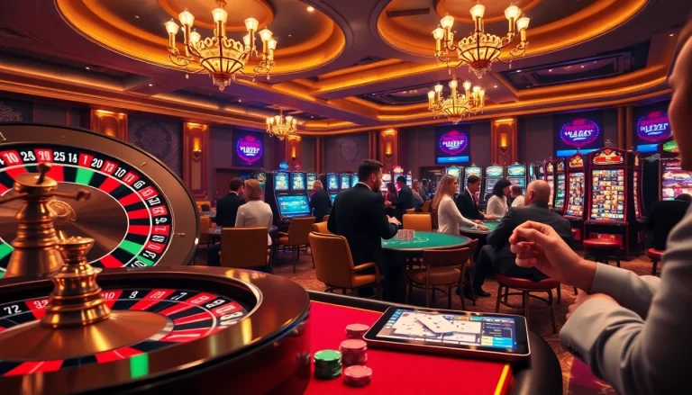 Engaged players at a luxurious casino table emphasizing the online gambling experience at https://thabethome.com/ with colorful chips and roulette.