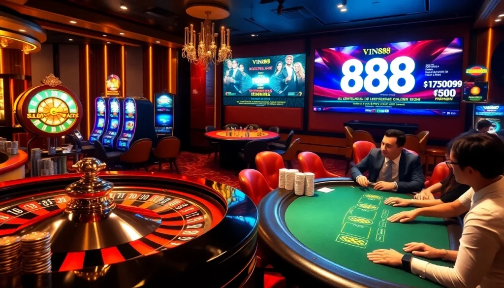 Experience the thrill of winning at VIN88, featuring an upscale casino scene with roulette, poker chips, and slot machines.