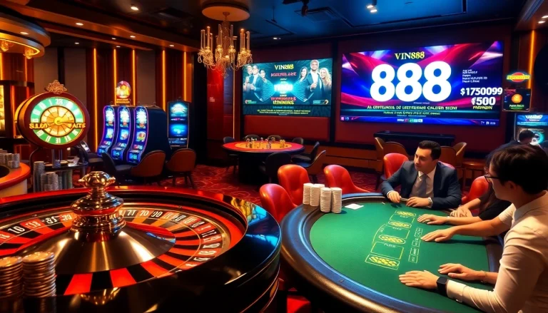 Experience the thrill of winning at VIN88, featuring an upscale casino scene with roulette, poker chips, and slot machines.