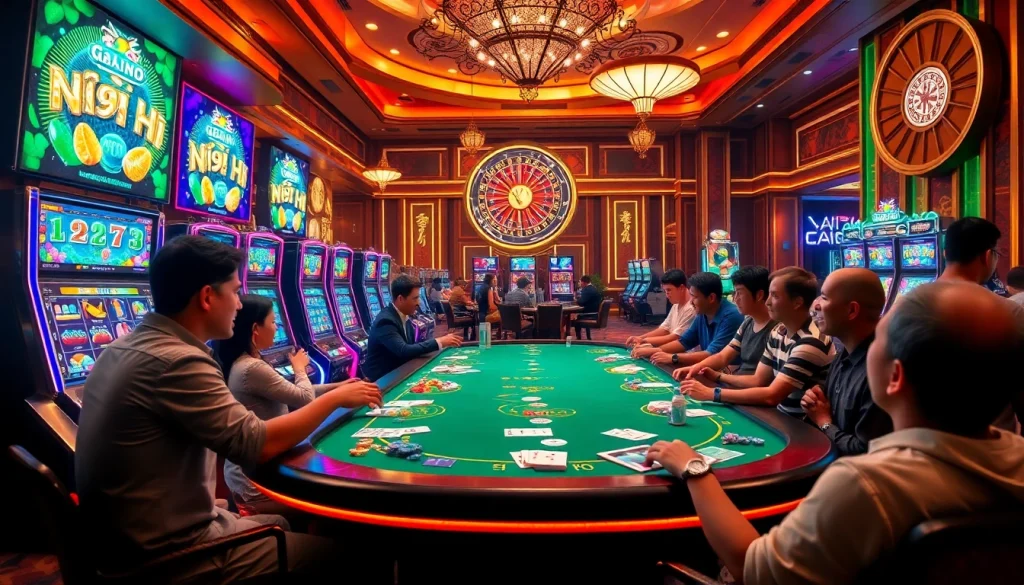 Experience the excitement of nổ hũ with vibrant slot machines and a high-stakes gaming table in a luxurious casino setting.