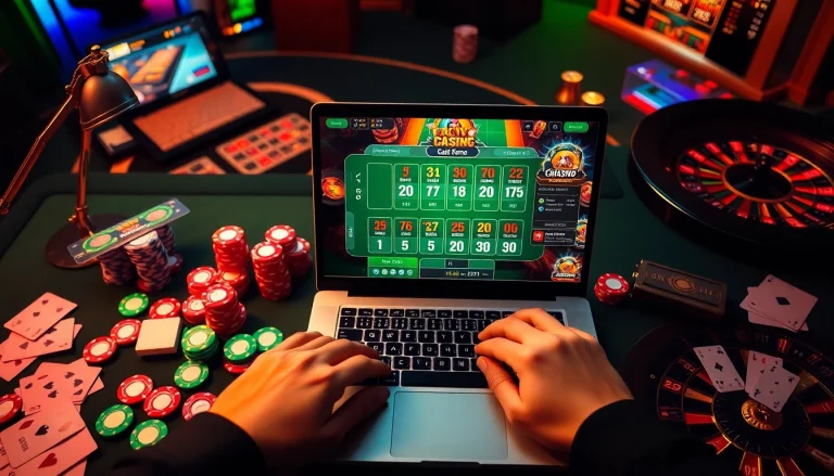 Engaging in online gambling on GG88 com with vibrant casino elements like cards and chips.