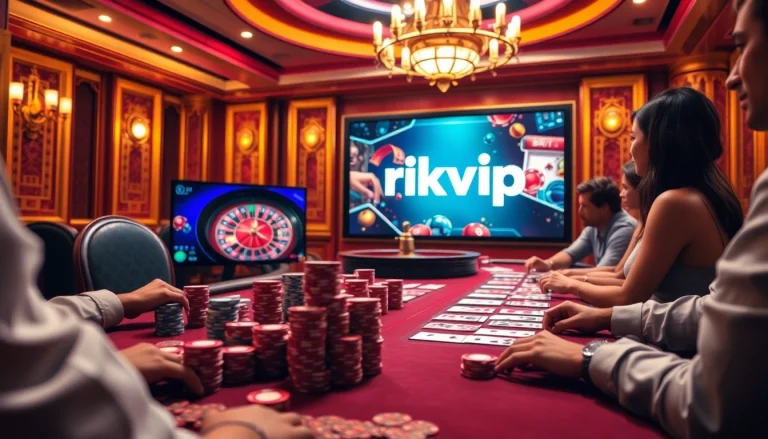 Players enjoying poker at a luxurious casino table featuring Rikvip branding and vibrant chips.