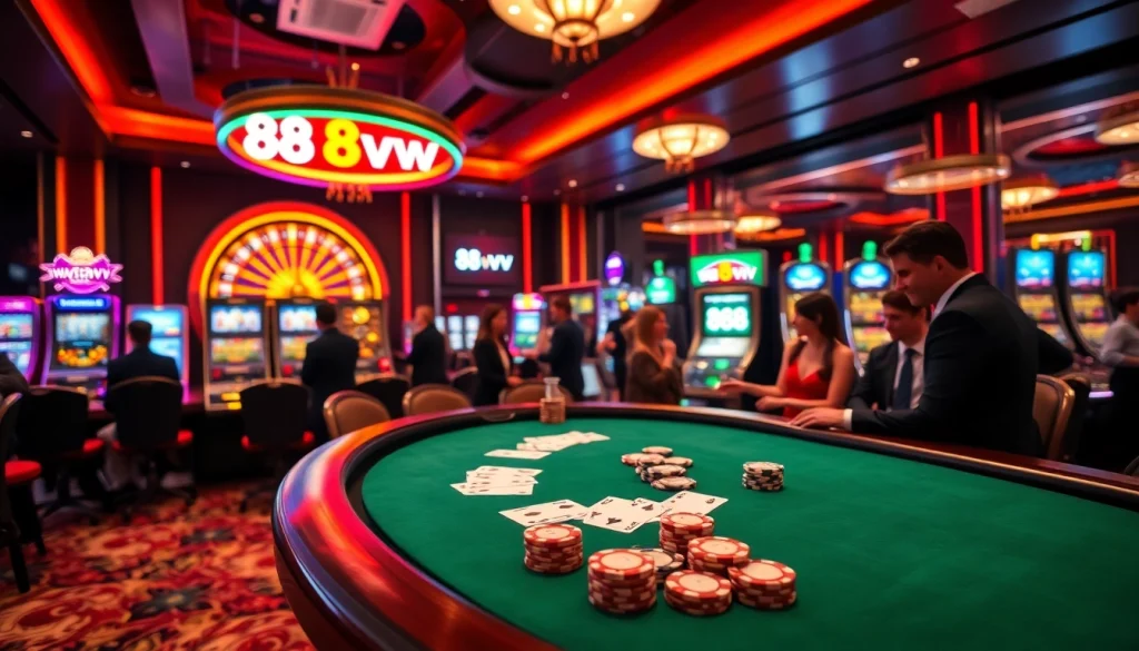 Gamble at 88vv's vibrant casino scene with poker chips and spinning roulette wheel.