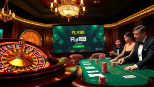 Players enjoying FLY88 đăng nhập at an elegant casino table with colorful chips and cards.