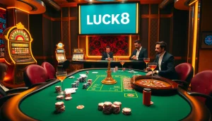 Exciting casino scene showcasing the LUCK8 brand with poker chips, cards, and a roulette wheel.