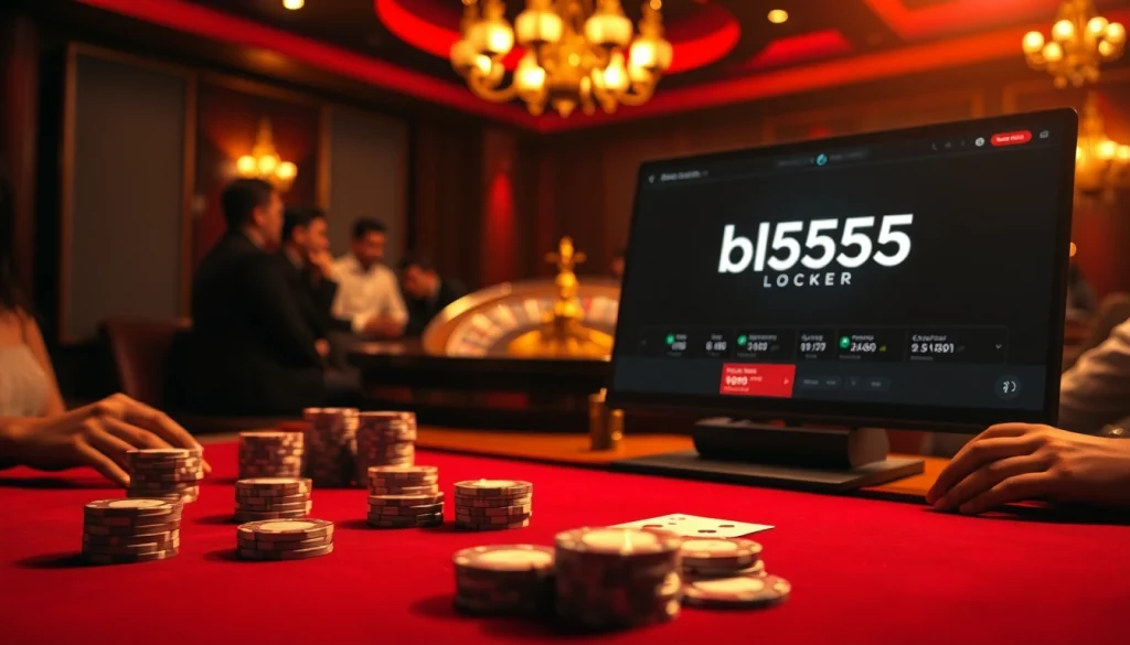An immersive casino experience showcasing bl555.locker with poker tables, rich colors, and engaging online gaming interface.