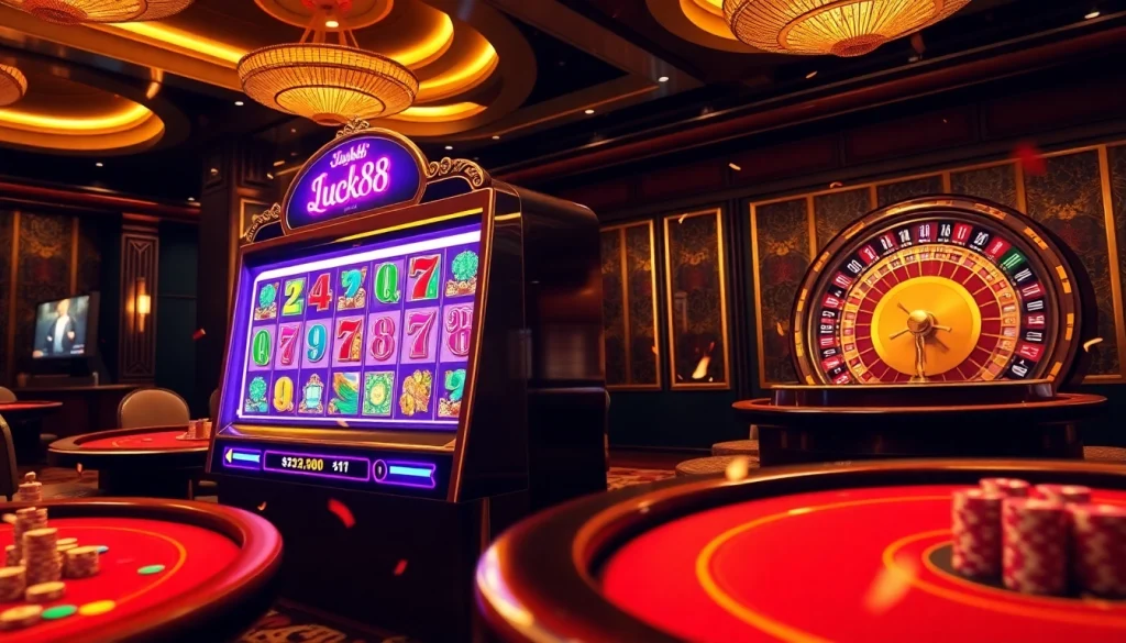 LUCK88 slot machine surrounded by poker tables and vibrant casino atmosphere.