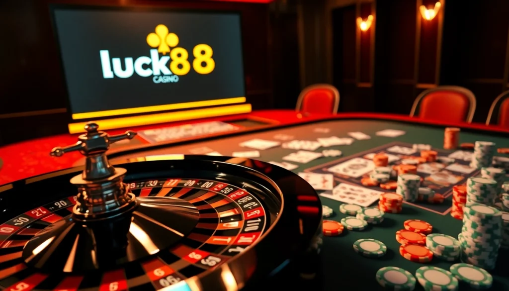 Engaging casino action at a Luck8 roulette table with vibrant chips and poker cards.