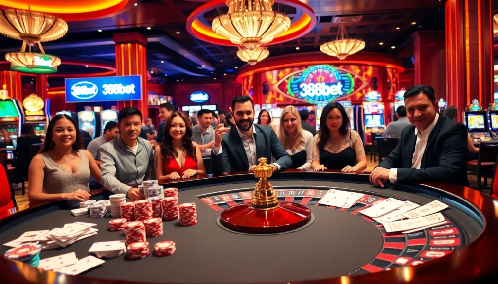 Engage with the thrill of 388bet casino gaming at a vibrant poker table surrounded by eager players.