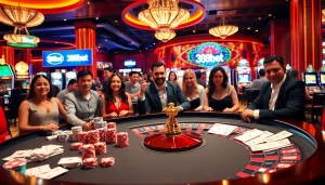 Engage with the thrill of 388bet casino gaming at a vibrant poker table surrounded by eager players.
