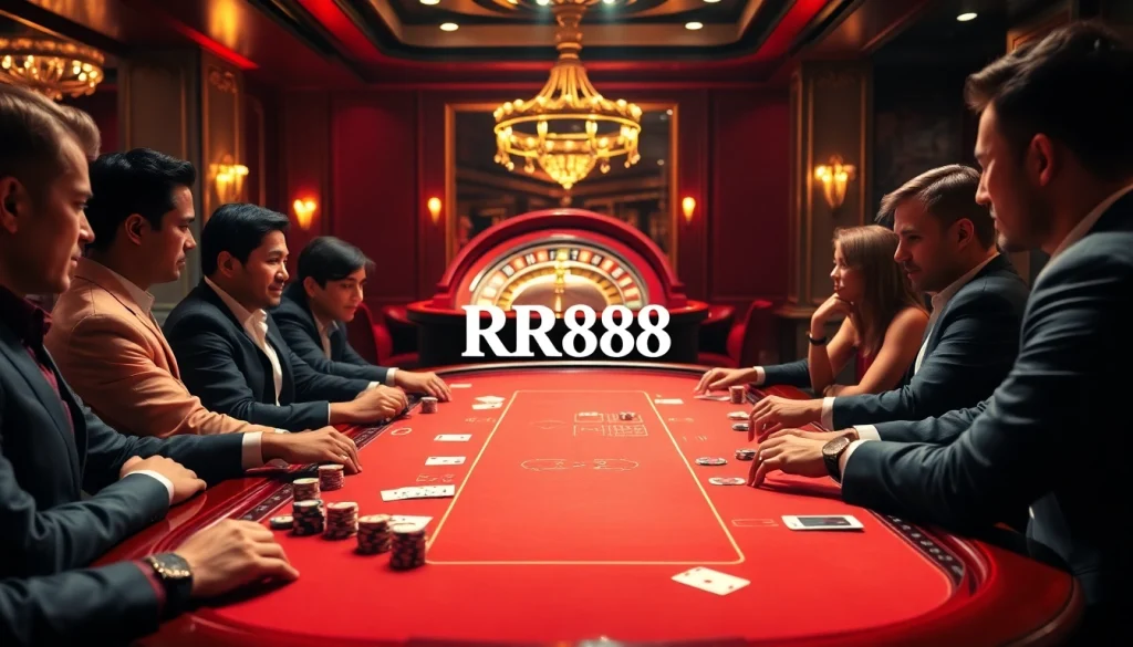 Players enjoying a high-stakes poker game at RR88 casino table, highlighted with rich colors and competitive energy.