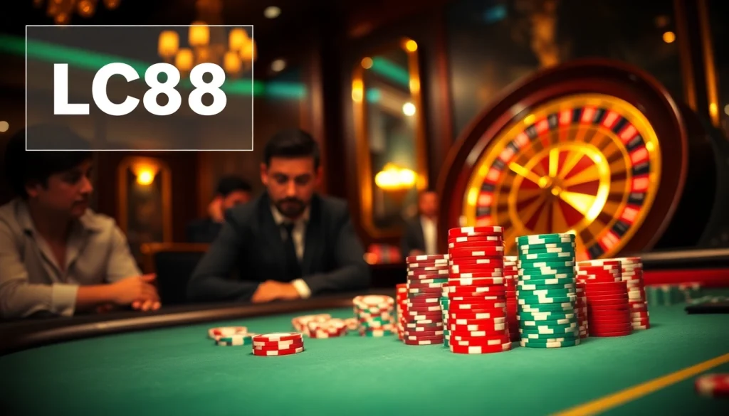 Players strategizing at a luxurious casino table while engaged with https://lc88.onl/ offering immersive gaming.