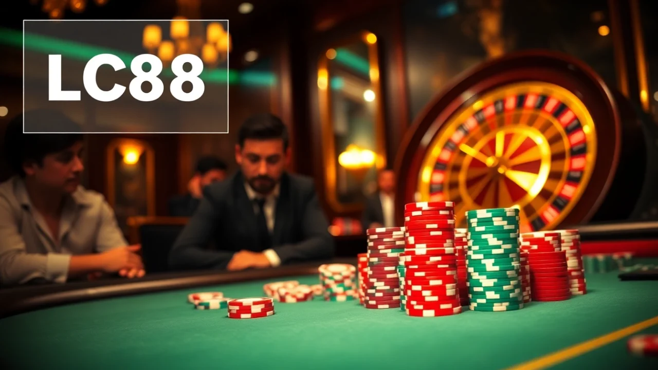 Players strategizing at a luxurious casino table while engaged with https://lc88.onl/ offering immersive gaming.