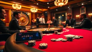Professional gamblers strategizing at a poker table while engaging with the S8 gambling app.