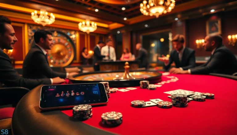 Professional gamblers strategizing at a poker table while engaging with the S8 gambling app.