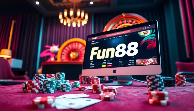 Fun88 online betting experience with poker chips and roulette wheel setting.
