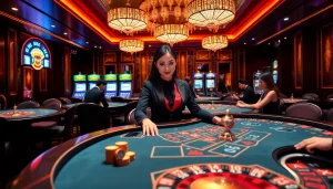 Exciting gambling scene at trang chủ go8 featuring upscale casino tables, poker chips, and vibrant slot machines.