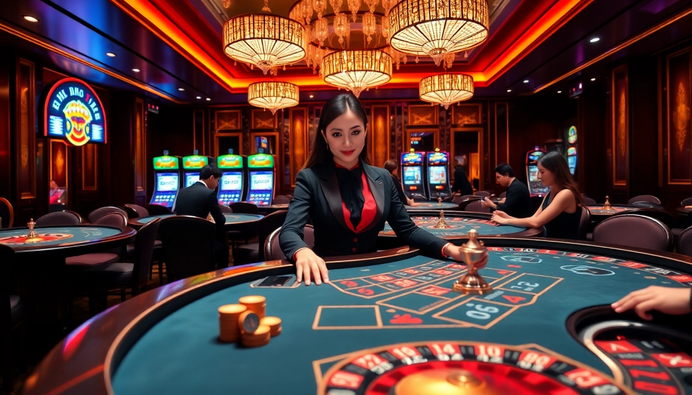 Exciting gambling scene at trang chủ go8 featuring upscale casino tables, poker chips, and vibrant slot machines.