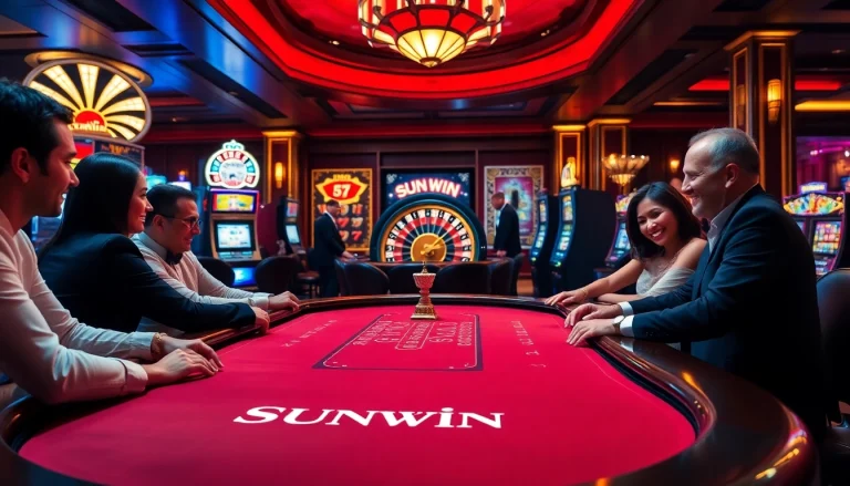 Sunwin gaming experience at a luxurious casino table with high-stakes players.