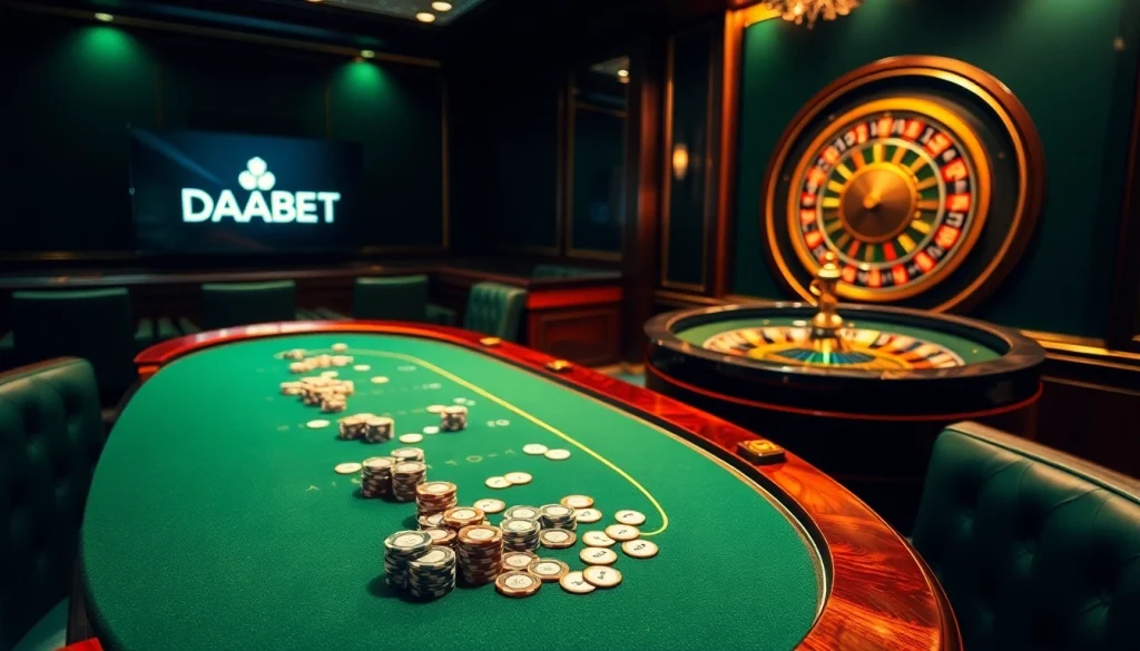 Playing poker at DABET's luxurious casino scene, showcasing high-quality gambling equipment.