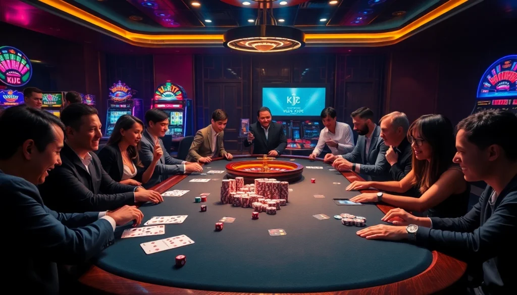 Players experiencing the thrill of gaming at KJC, with vibrant cards and chips on display.