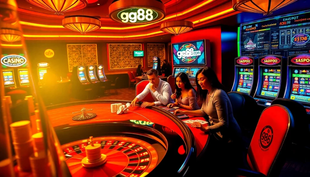 Players enjoying lively poker games at gg88.com casino with vibrant tables and roulette wheels.