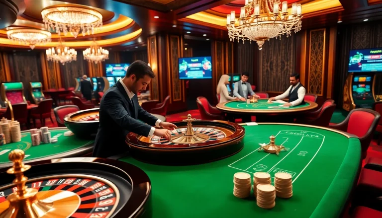Experience luxury gambling at rr88 com with an engaging casino atmosphere featuring vibrant tables and players.
