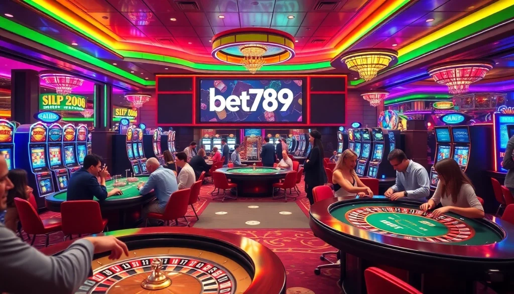 Engaging scene of players enjoying various games at a luxurious casino, highlighting bet789 activities.