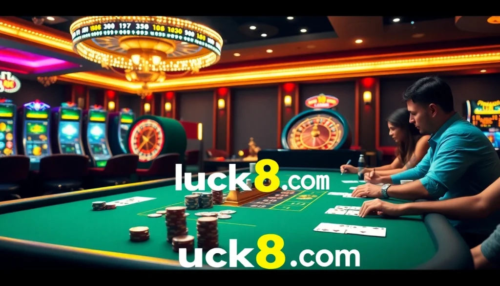 Players engaging at a vibrant casino table showcasing luck8 com's excitement and luxury in gambling.