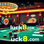 Players engaging at a vibrant casino table showcasing luck8 com's excitement and luxury in gambling.