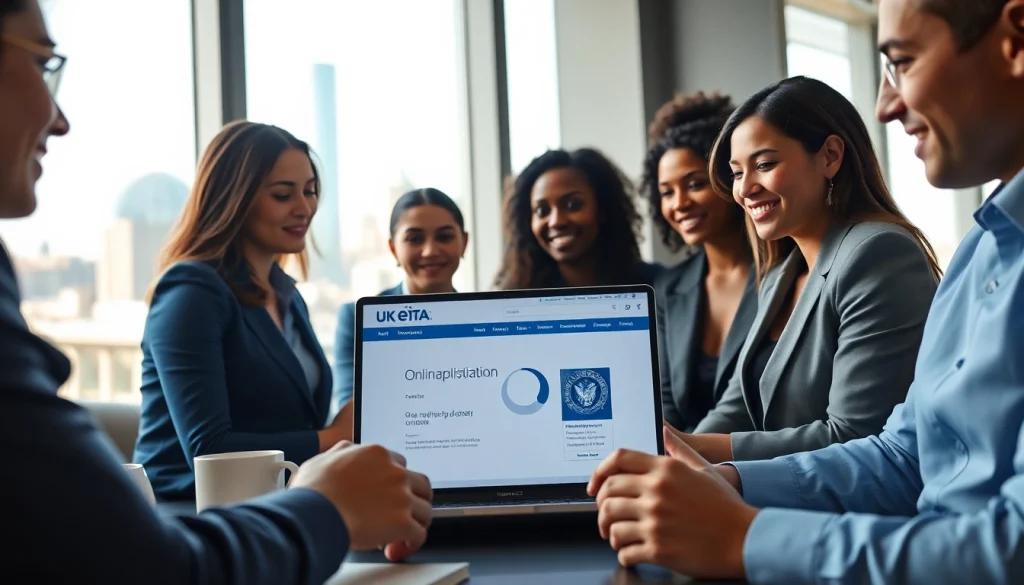 Engaged team discussing uk eta online application in a vibrant office.