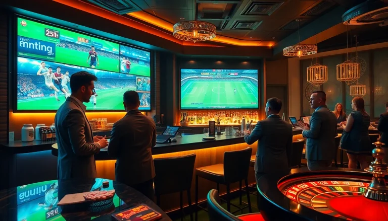 Kèo Bóng Đá betting scene showcasing excitement at a luxury sports bar with betting slips and poker chips.
