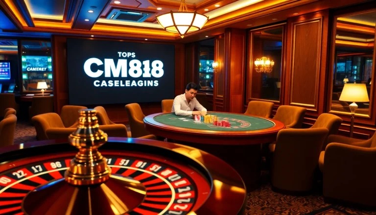 Experience the thrill of high-stakes gaming at a CM88 poker table with vibrant chips and ambient lighting.