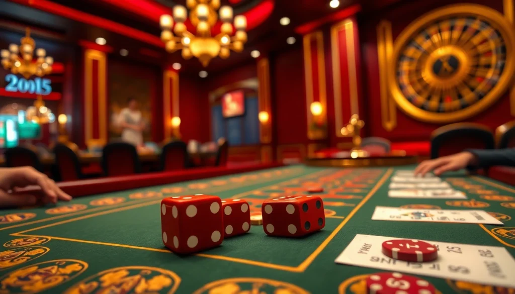 Exciting gameplay of tài xỉu md5 in a luxurious casino setting with elegant dice and betting slips.