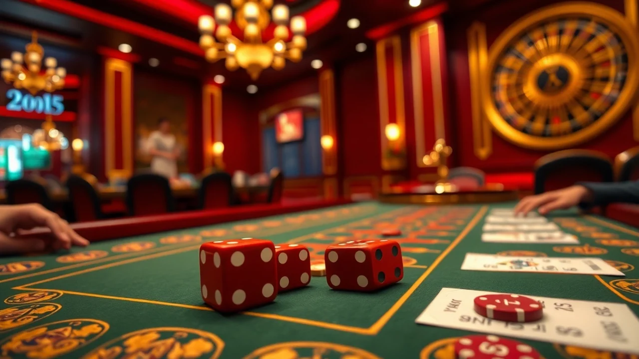 Exciting gameplay of tài xỉu md5 in a luxurious casino setting with elegant dice and betting slips.