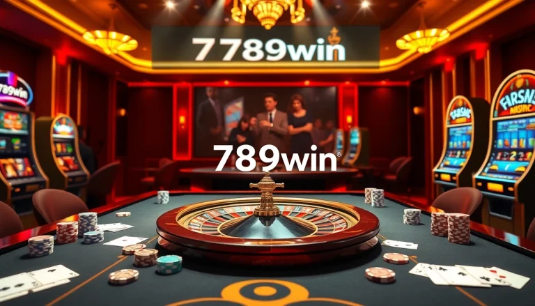 Exciting casino atmosphere featuring 789win logo with roulette, poker, and vibrant gambling elements.