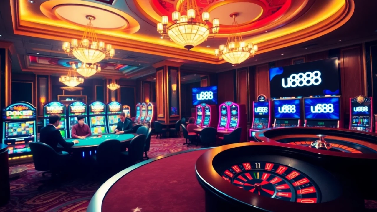 Players enjoy a thrilling casino experience with u888 on elegant poker tables and vibrant slot machines.