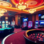 Players enjoy a thrilling casino experience with u888 on elegant poker tables and vibrant slot machines.