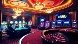 Players enjoy a thrilling casino experience with u888 on elegant poker tables and vibrant slot machines.