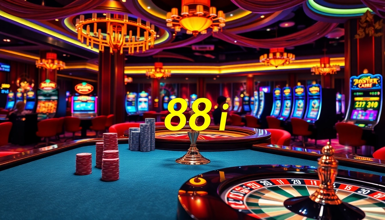 Stunning casino scene featuring poker and roulette with the keyword 88i displayed on betting odds.