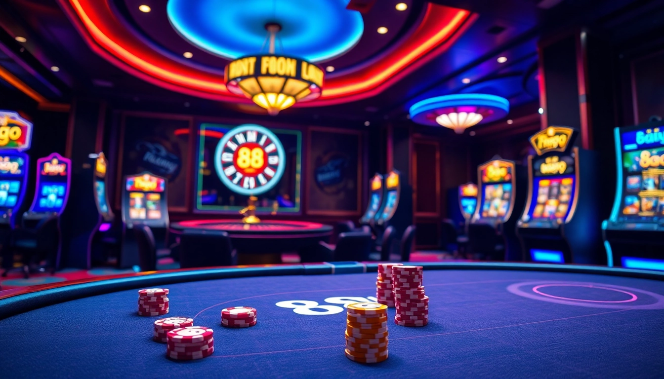 88 go gaming scene showcasing an elegant casino atmosphere with poker tables and slot machines.