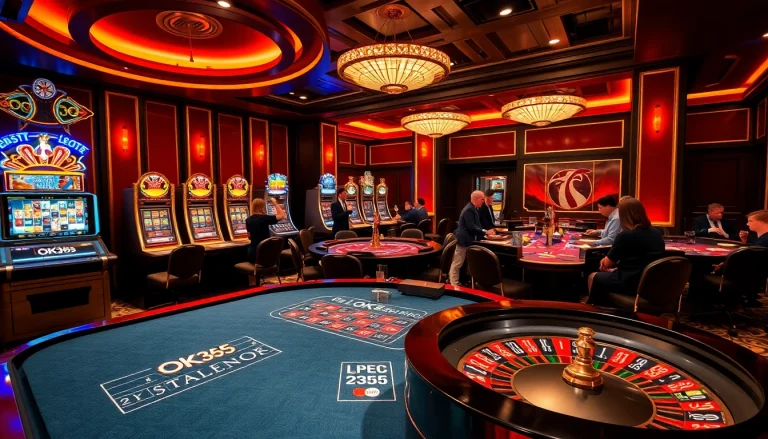 Players enjoying the exciting atmosphere of OK365's modern casino with vibrant gaming tables and slot machines.