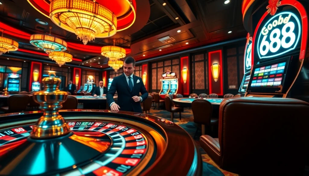 Engaging casino scene showcasing good88 with roulette and poker elements for exciting gambling action.
