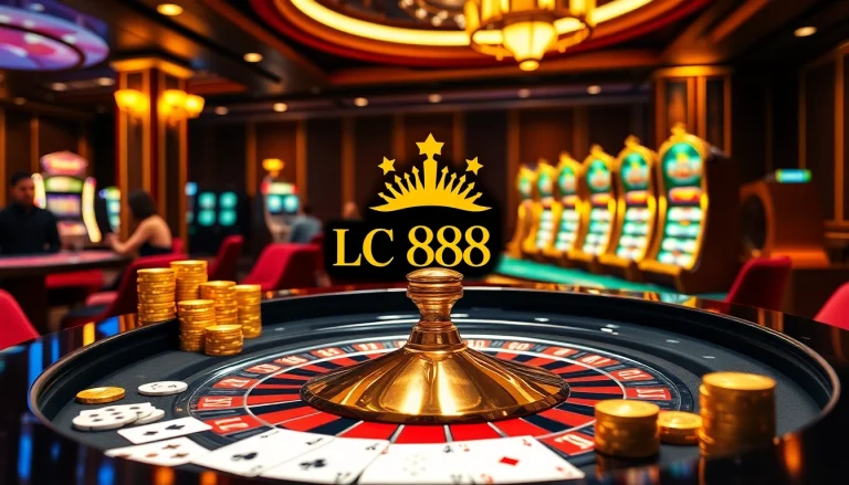Exciting casino ambiance with LC 88 logo on a roulette table, showcasing vibrant poker chips and cards.