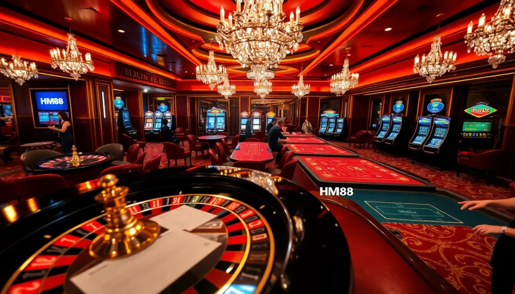 Experience the excitement of gambling with HM88 at a luxurious casino filled with poker tables and slot machines.