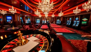 Experience the excitement of gambling with HM88 at a luxurious casino filled with poker tables and slot machines.