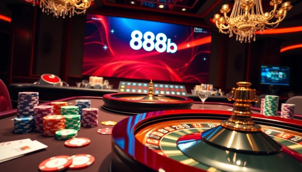 Engage in a thrilling casino moment at 888b with vibrant poker chips and an illuminated roulette wheel.